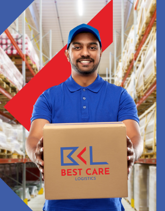 Image of a deliver boy with a shipment that showcasing Best Care Logistics logo.