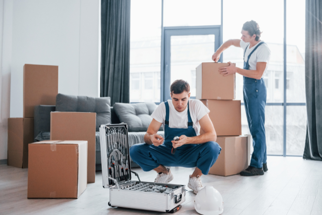 Two men in overalls are carrying boxes in a living room, preparing for a move or organizing their space.